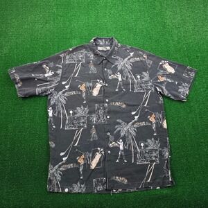 Tori Richard Shirt Mens XL Black Button Up Hawaiian Golfer Palm Trees Silk